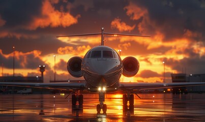 Private jet standing at an airport with setting sun traveling by aircraft airplane