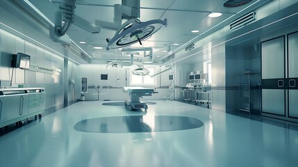 Obraz premium Wide view of an empty modern and state of the art operating room for cardiac and endovascular procedures : Generative AI