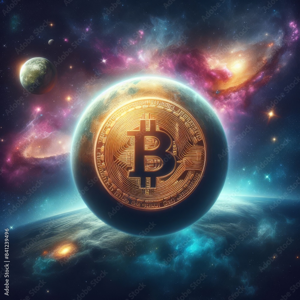 Aufkleber a glowing bitcoin symbol floating in space with a vibrant, colorful nebula and distant planets in th