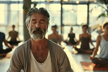 Fototapeta premium a man with a beard and a white shirt is meditating