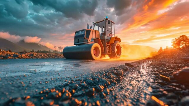 photorealism of Engineers and worker are working on road construction. engineer holding radio communication at road construction site with roller compactor working dust road on during sunset