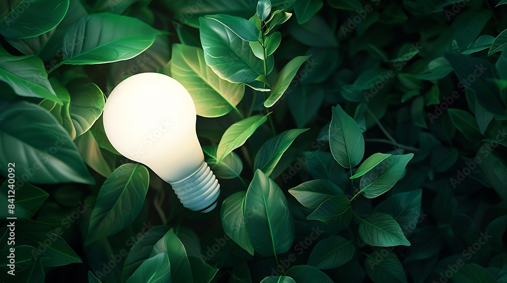 Poster green energy concepts wireless light bulb surrounded by green leaf as sign of light on carbon neutra