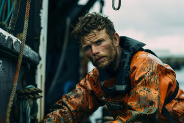 Fototapeta premium a man in an orange vest on a boat