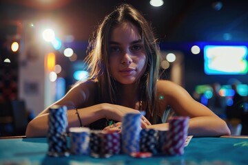 A woman sitting at a table with poker chips and cards