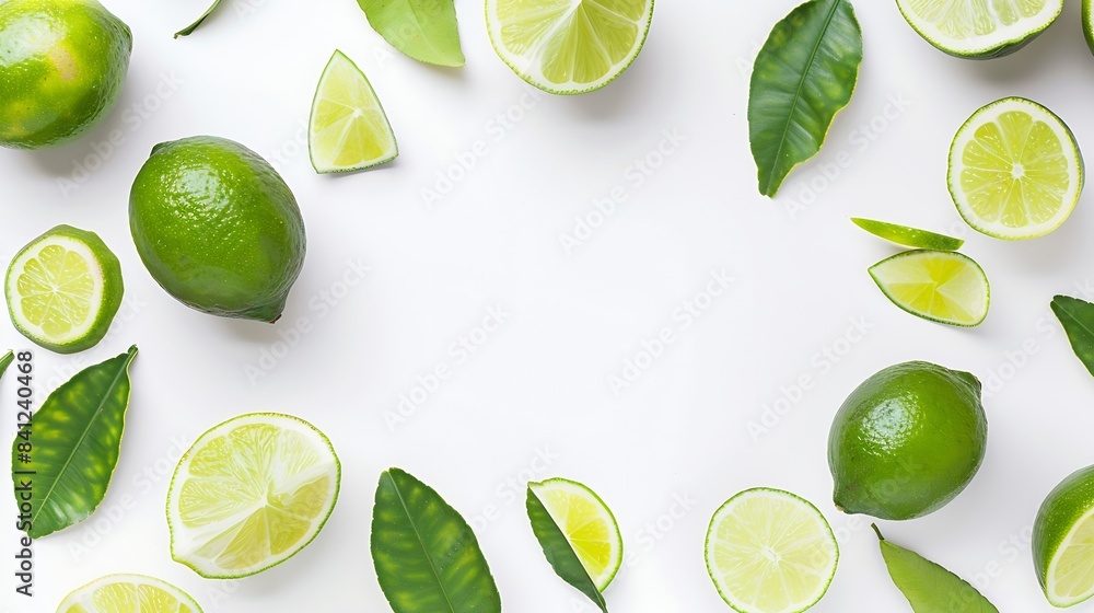 Poster Lime fruits with slices and green leaves isolated on white background Top view Flat lay : Generative AI