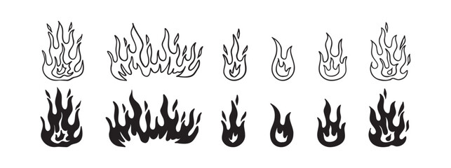 Doodle fire outline set. Vector various fire. flame illustration isolated . 