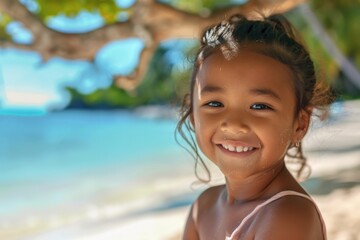 A happy young child smiles directly at the camera while standing on a sandy beach, with clear blue water in the background