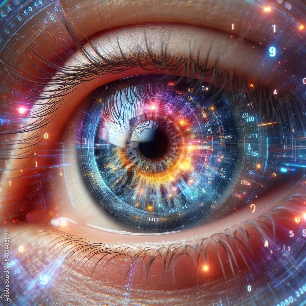 Poster close-up of a human eye merged with a digital interface. vibrant data and technology elements surrou