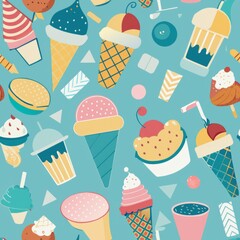 Seamless pattern of ice cream scoops in waffle cones, cups, and bowls, for a cool and refreshing summertime vibe, Generative AI