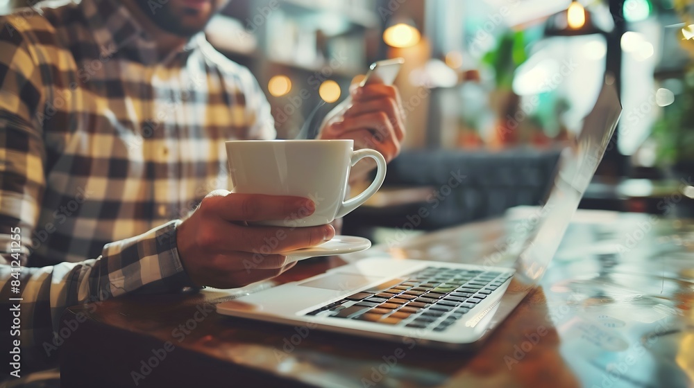 Aufkleber man checking emails coffee break concept : generative ai