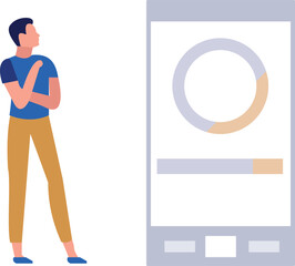 The boy is watching the mobile loading.