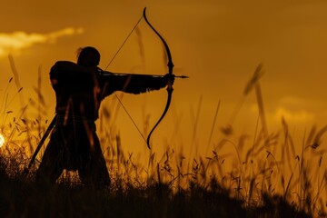A hunter with bow and arrow standing in an open field, ready to shoot
