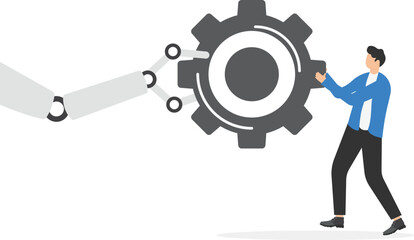 Working with AI. Human and machine collaboration, integrating artificial intelligence and neural networks into work flow. Businessman and robotic hand connecting cogwheel gear pieces to complete task
