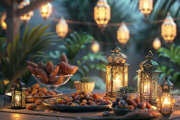 Close up. of a serene Ramadan Iftar feast with dates and lanterns, created by ai