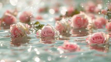 Numerous Champagne and Pink Roses Scattering on Gently Flowing Water, Tinting the Surface with a Pale Pink Hue, Realistic Photography with Bright Picture, Fresh Y2K Aesthetic.