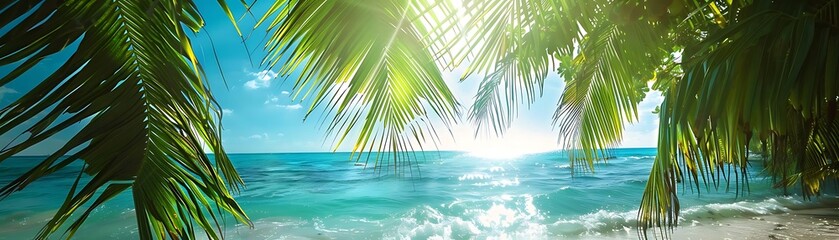 a serene tropical beach scene featuring a lush green tree and crystal blue water
