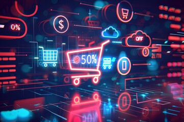 A vibrant, digital illustration of a shopping cart with a glowing 50% off sign, surrounded by other digital icons, representing online shopping and sales. Generative AI