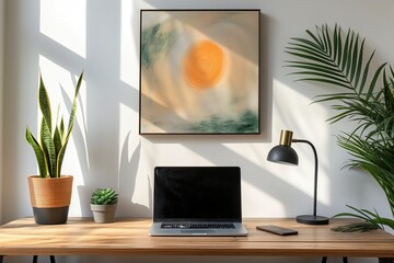 Modern home office setup. sleek desk with laptop and a succulent plant, framed mockup on the wall