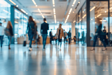 a group of people walking through a lobby