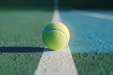 A tennis ball sits at the edge of a tennis court, ready for play