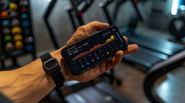 A person checks their fitness data on their smartphone while working out in a gym.