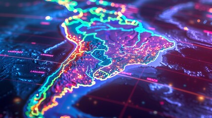 Neon Digital Map of South America Displaying Futuristic Data Networks, Global Technology Connections, and Modern Communication Systems