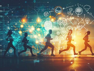 Silhouettes of People Running with Futuristic Technology and Data Visualization Background, Concept of Fitness, Innovation, and Digital Transformation