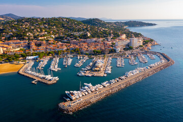 Picturesque view from drone of Sainte-Maxime townscape on Mediterranean coast with port for...