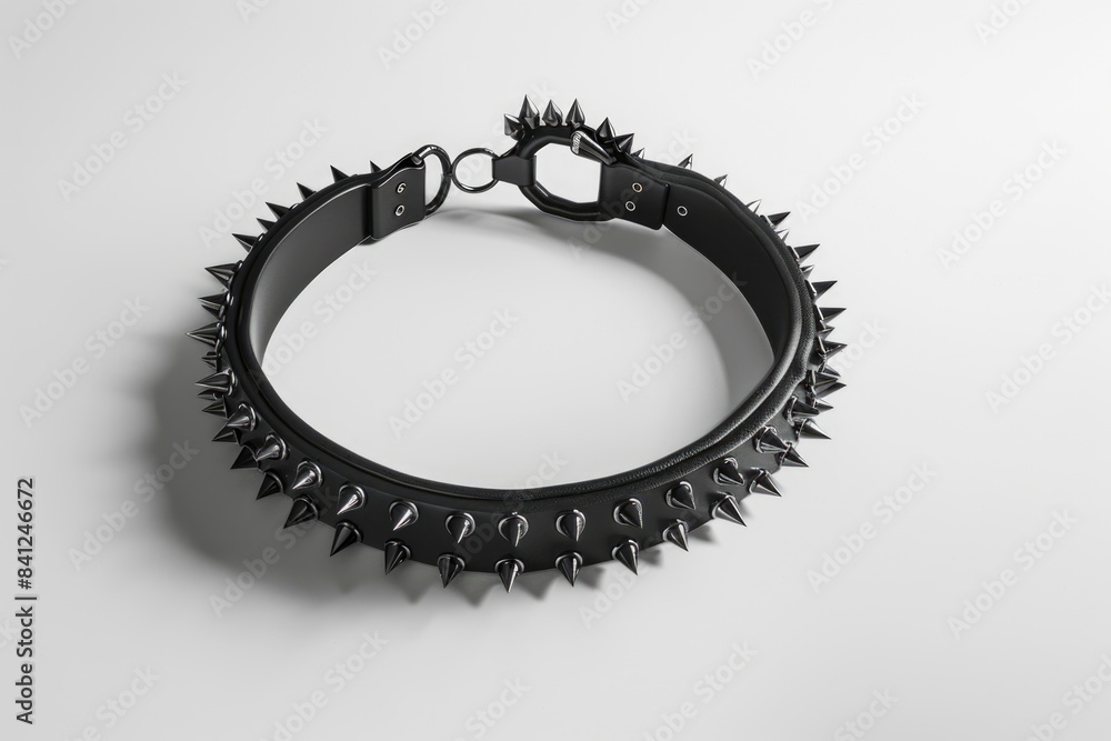 Poster a close-up shot of a collar with sharp spikes on a white background