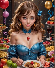 Illustration of a young woman sitting at a table eating