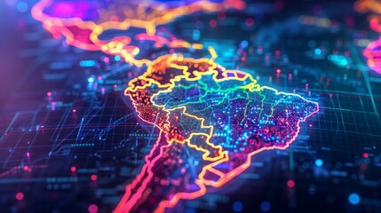 Futuristic Neon Map of Central and South America Highlighting Digital Data Networks, Global Technology Systems, and Connectivity Concepts