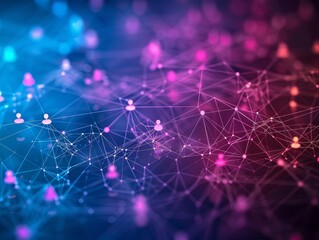Abstract Digital Network Background with Glowing Nodes and Connections in Pink and Blue Tones, Representing Technology, Communication, and Data Transfer in a Modern, Futuristic Design
