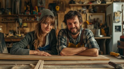 Two smiling carpenters, a man and a woman, posing in a rustic workshop filled with woodworking tools and materials, showcasing craftsmanship.