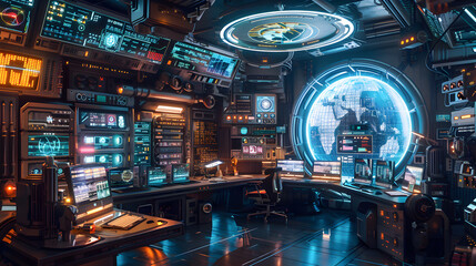 Futuristic Cyberpunk Room in Dystopian New York, Neon-Lit Digital Illustration