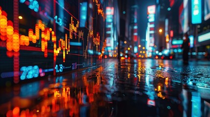 Stock market price screen with city lights reflected on the glass against the background of a downtown street at night.