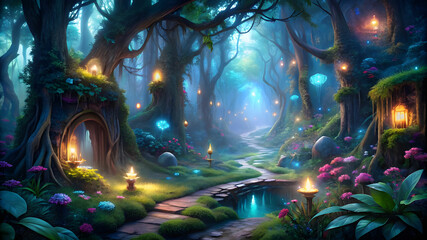 An enchanted forest at twilight, with bioluminescent plants, and mythical creatures