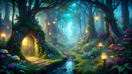 An enchanted forest at twilight, with bioluminescent plants, and mythical creatures
