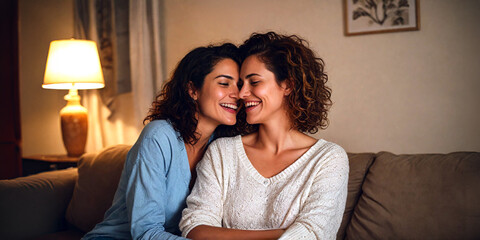 Two young women at home. A lesbian couple sitting on a sofa in their living room, having moments of relaxation, smiling caucasian woman looking at her girlfriend
