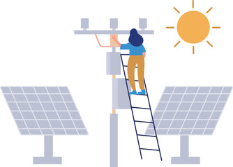 The girl is working on the electric tower by the ladder.