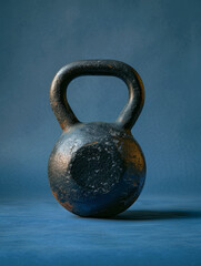 Rustic kettlebell on a blue surface.