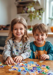 Fototapeta premium Two happy children playing with colorful stickers at a table in a cozy home setting. Smiling kids enjoying creative play together.