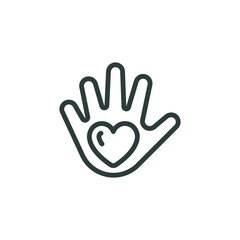 Thin Outline Icon Heart in the Palm, Hand Holding a Heart. Such Line Sign as Gesture Charity, Message Kindness and Compassion, Caring Hands, Donation or Healthcare. Vector Isolated Pictogram.