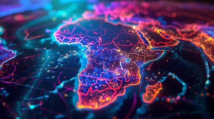 Futuristic Digital Map of Africa with Glowing Network Connections and Data Points