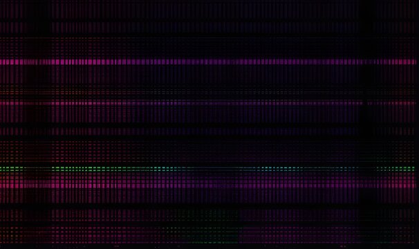 Digital texture with glitch effect and error data RGB signal, bending distortion on dark background.