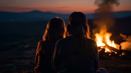 silhouette of two girls sitting in the front of the fire as they watching night musical show, seen from behind during dark night campfire, blurred background.