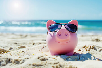 pink piggy bank at the beach, AI generated