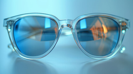 Close-up of transparent sunglasses with blue lenses reflecting light.