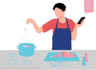 The boy is sprinkling salt in the food.