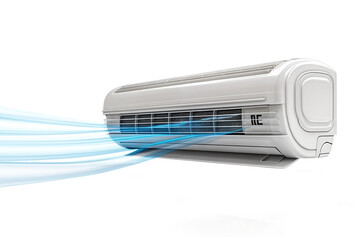 A white air conditioner on an isolated or white background releases blue cold air currents. PNG