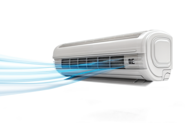 A white air conditioner on an isolated or white background releases blue cold air currents. PNG